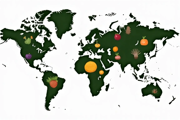 A global map with healthy food icons, symbolizing a healthier and vibrant community worldwide