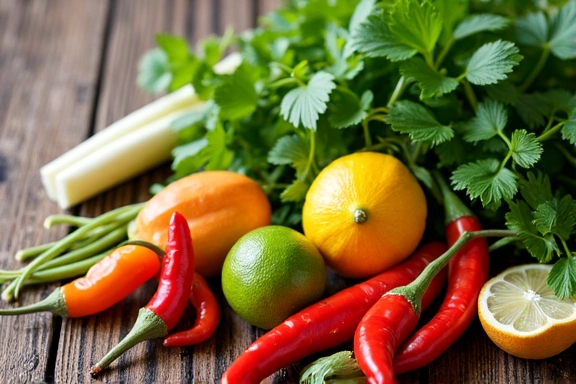 A colorful and vibrant arrangement of various healthy Thai ingredients like lemongrass, ginger, chili, and fresh herbs.