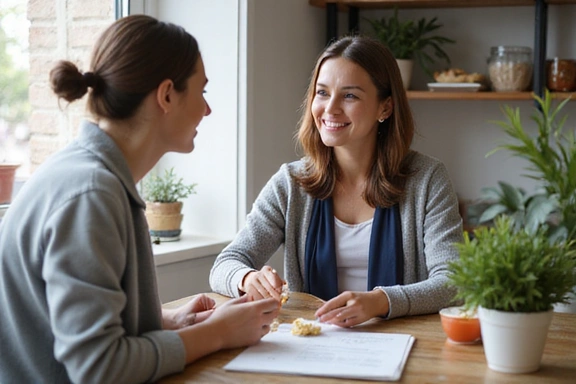 A coach and client smiling and discussing a nutrition plan in a bright, supportive office setting.