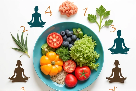 Holistic nutrition concept with a balanced plate and meditation elements