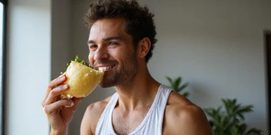 Una imagen de un atleta comiendo alimentos nutritivos después de entrenar.