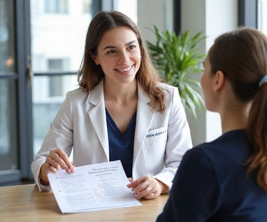 Nutricionista explicando un plan de dieta a un paciente en una consulta amigable y profesional.