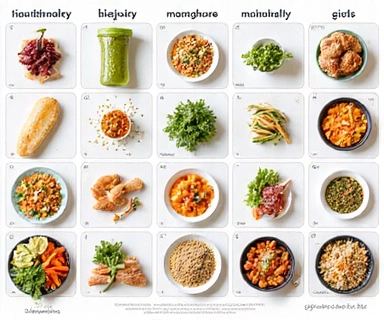 Un plan de comidas semanal bien organizado y atractivo con alimentos saludables como frutas, verduras, proteínas y granos enteros.