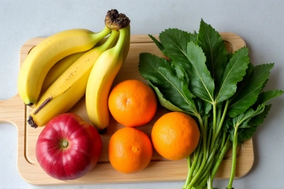 A selection of low FODMAP fruits and vegetables like bananas, oranges, and spinach, arranged on a cutting board.