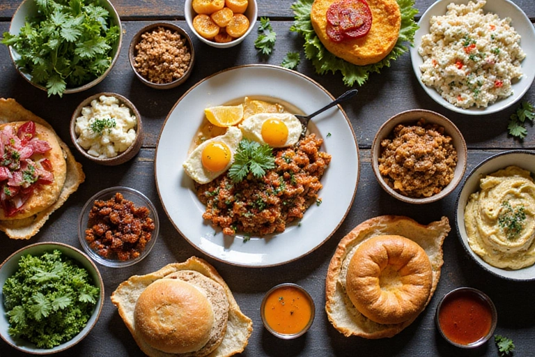 An overhead shot of a table laden with diverse specialized foods, showcasing vegan, gluten-free, and low-carb options arranged aesthetically.
